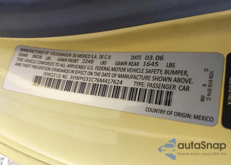 2006 Volkswagen New Beetle 2.5 из США, поврежденный, VIN 3VWPG31C76M417624